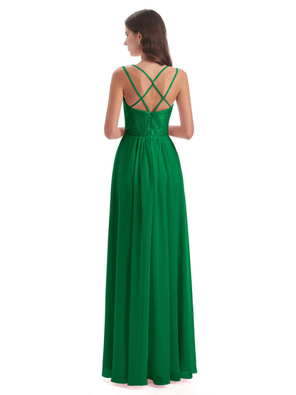 Saanvi Spaghetti Straps Open Back Lace Long Bridesmaid Dresses