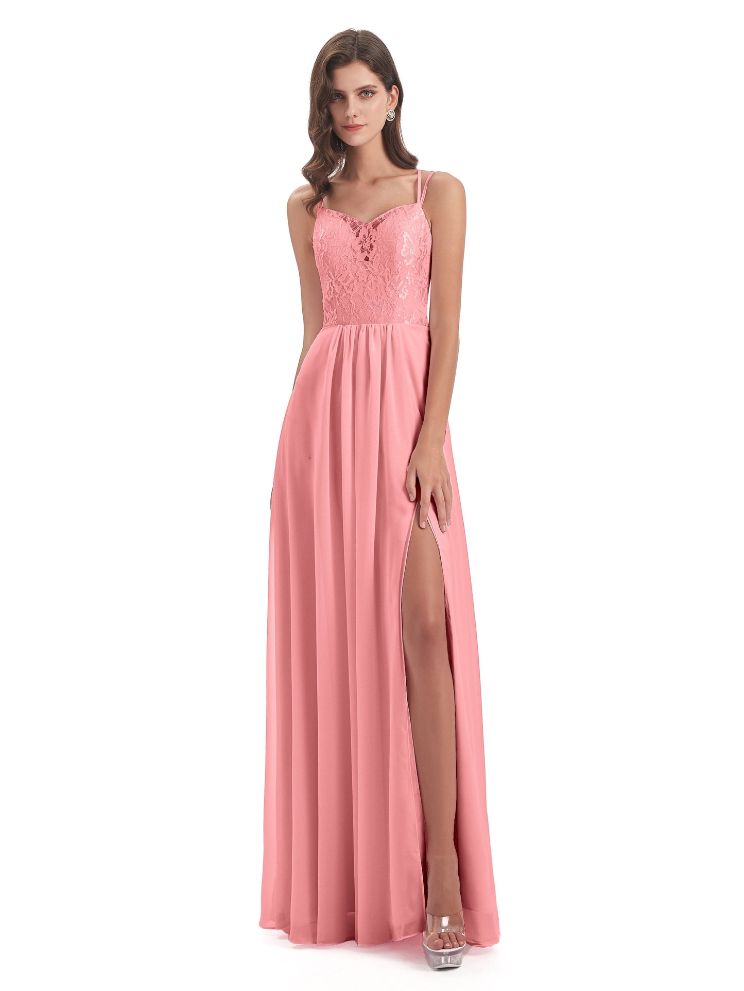 Saanvi Spaghetti Straps Open Back Lace Long Bridesmaid Dresses