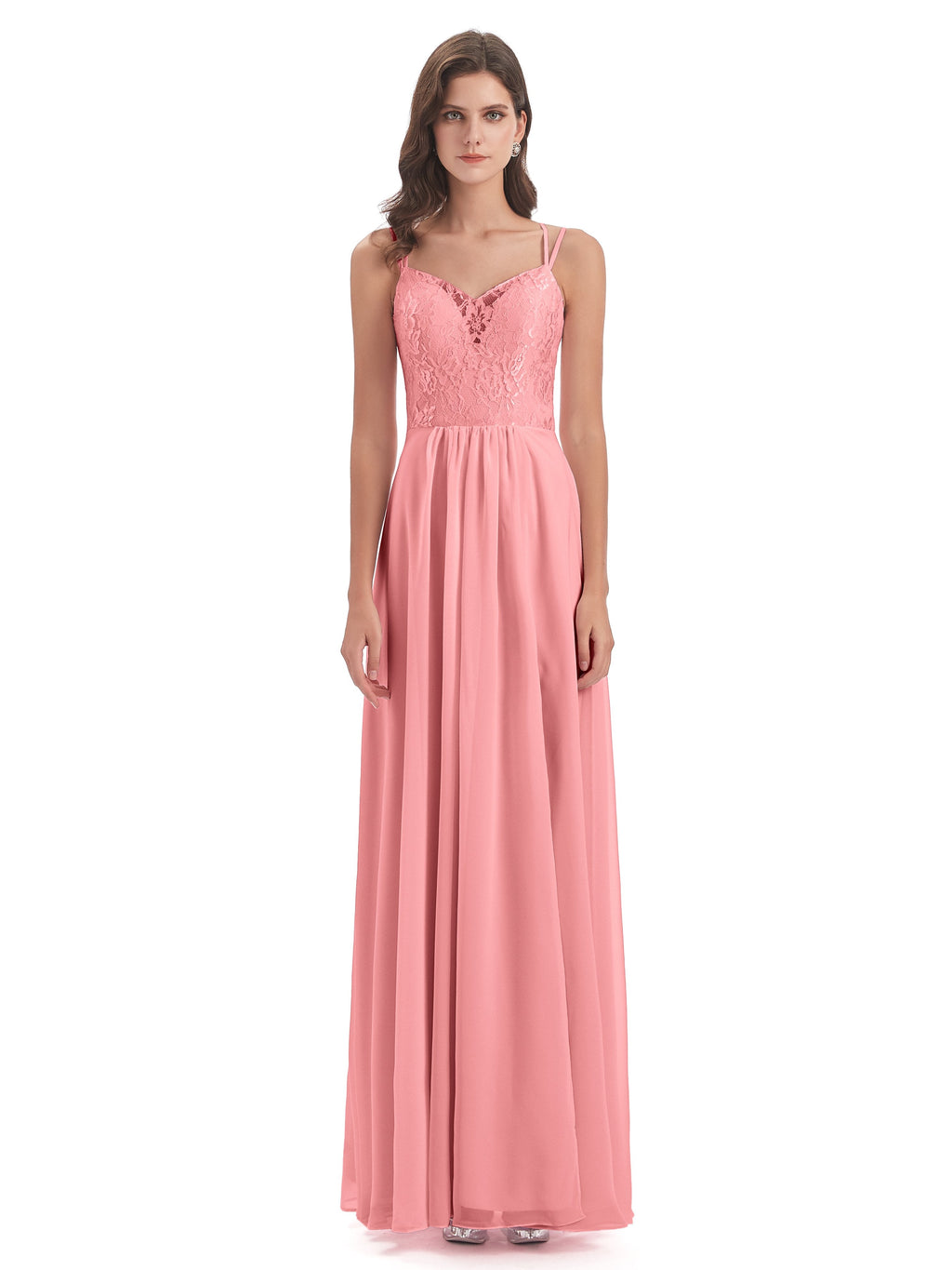 Saanvi Spaghetti Straps Open Back Lace Long Bridesmaid Dresses