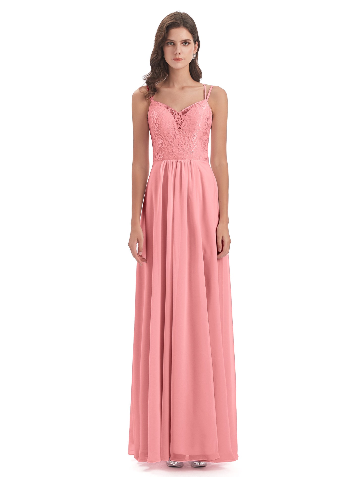 Saanvi Spaghetti Straps Open Back Lace Long Bridesmaid Dresses