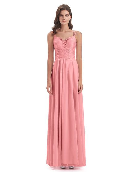 Saanvi Spaghetti Straps Open Back Lace Long Bridesmaid Dresses