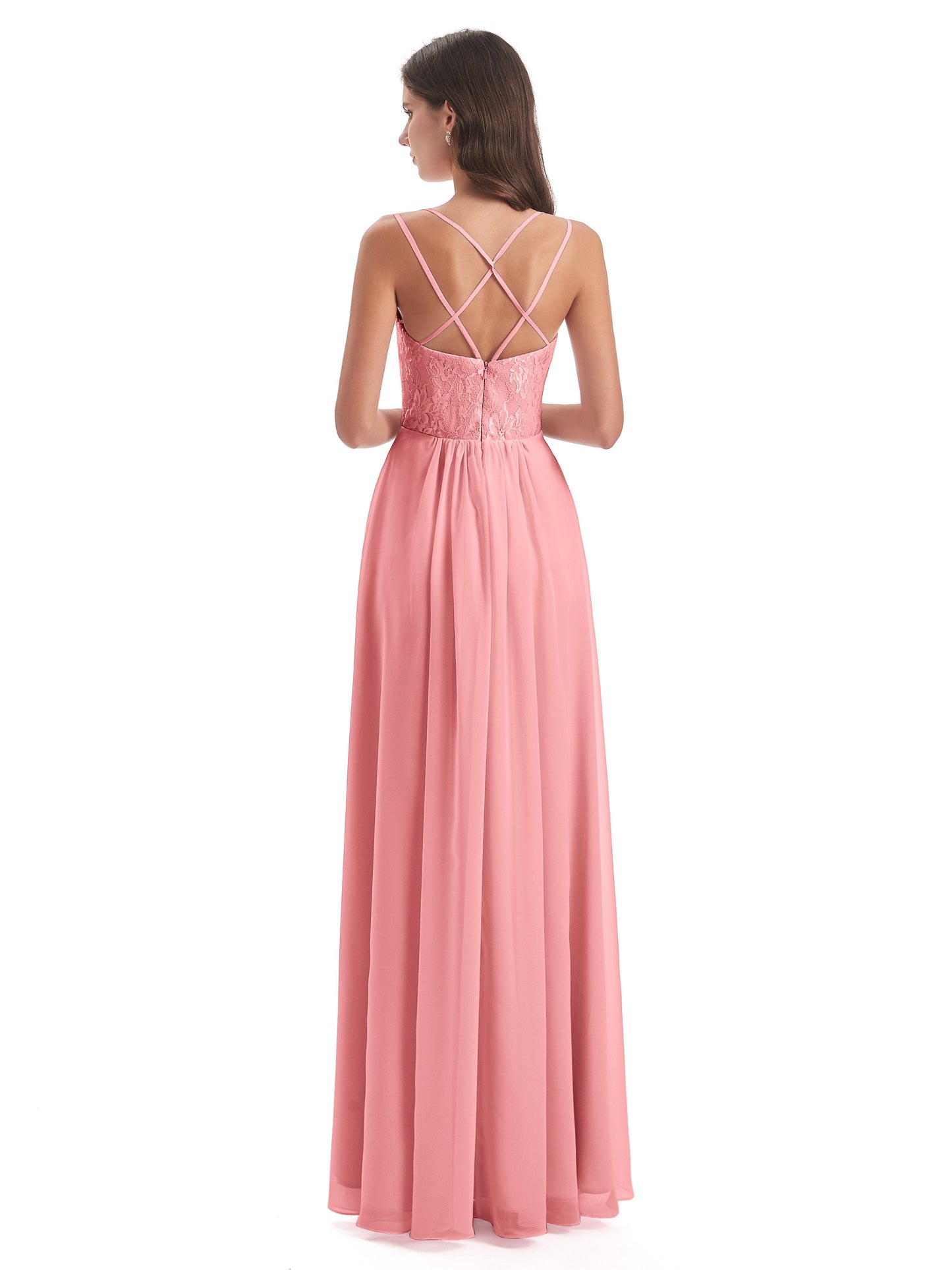 Saanvi Spaghetti Straps Open Back Lace Long Bridesmaid Dresses