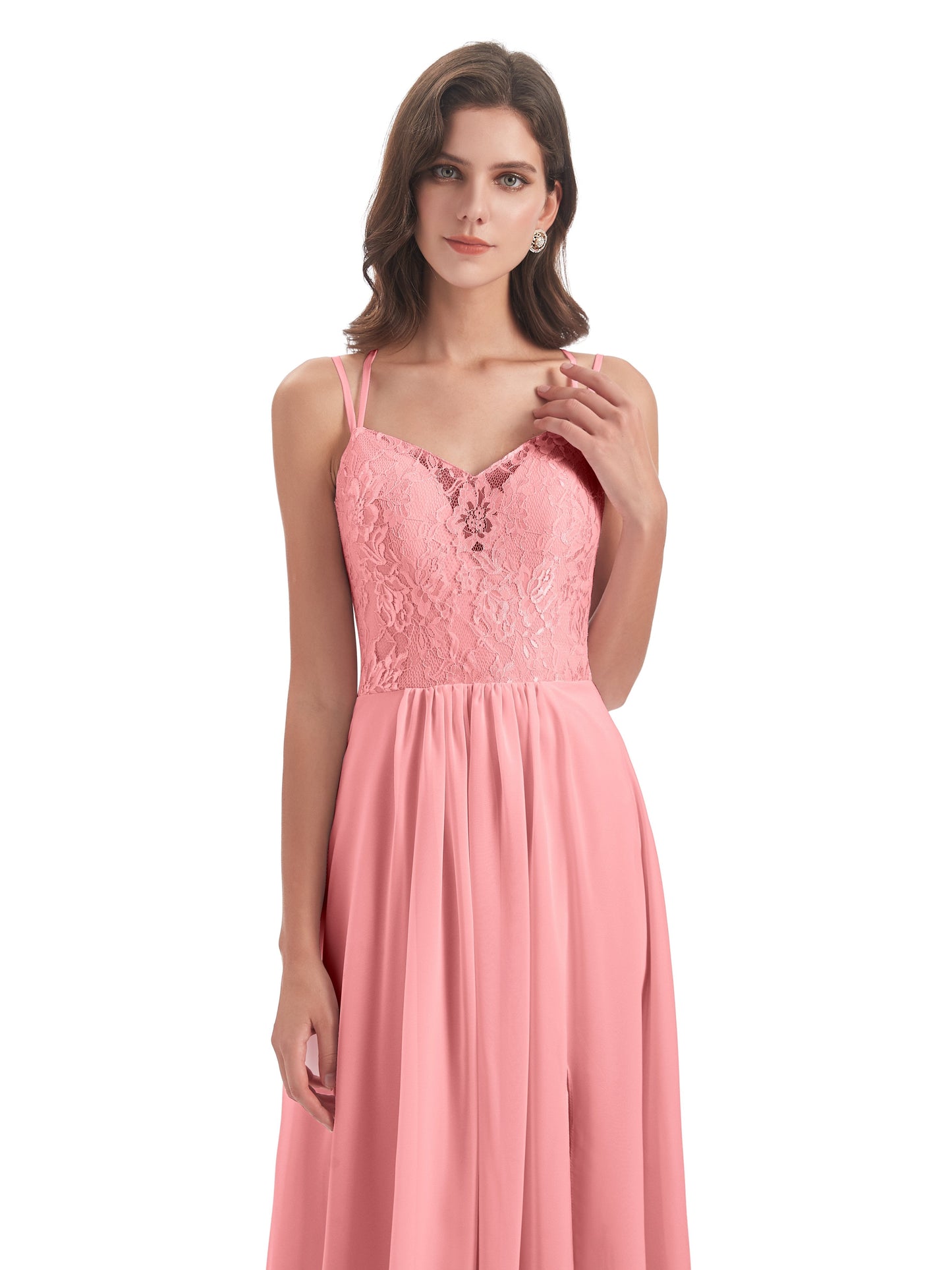 Saanvi Spaghetti Straps Open Back Lace Long Bridesmaid Dresses