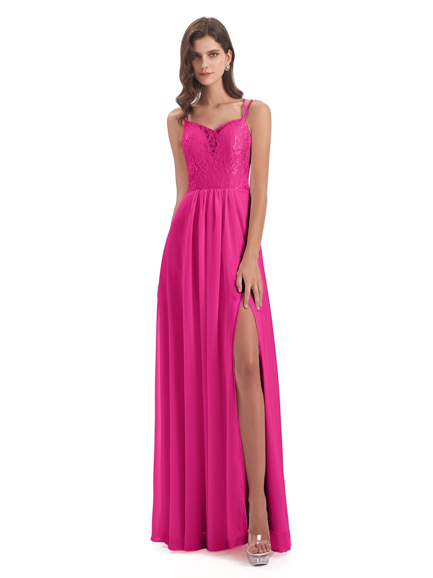 Saanvi Spaghetti Straps Open Back Lace Long Bridesmaid Dresses
