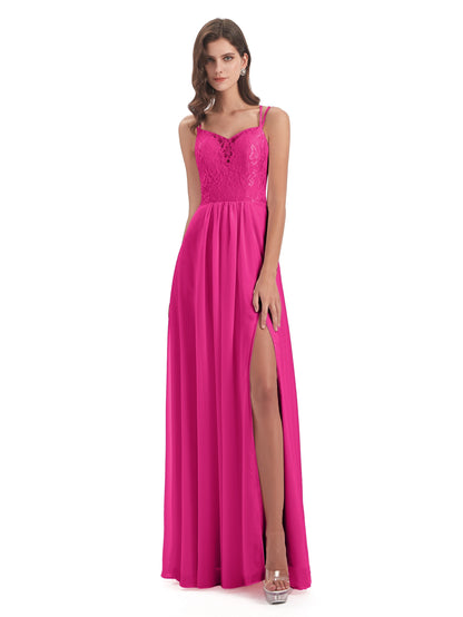 Saanvi Spaghetti Straps Open Back Lace Long Bridesmaid Dresses