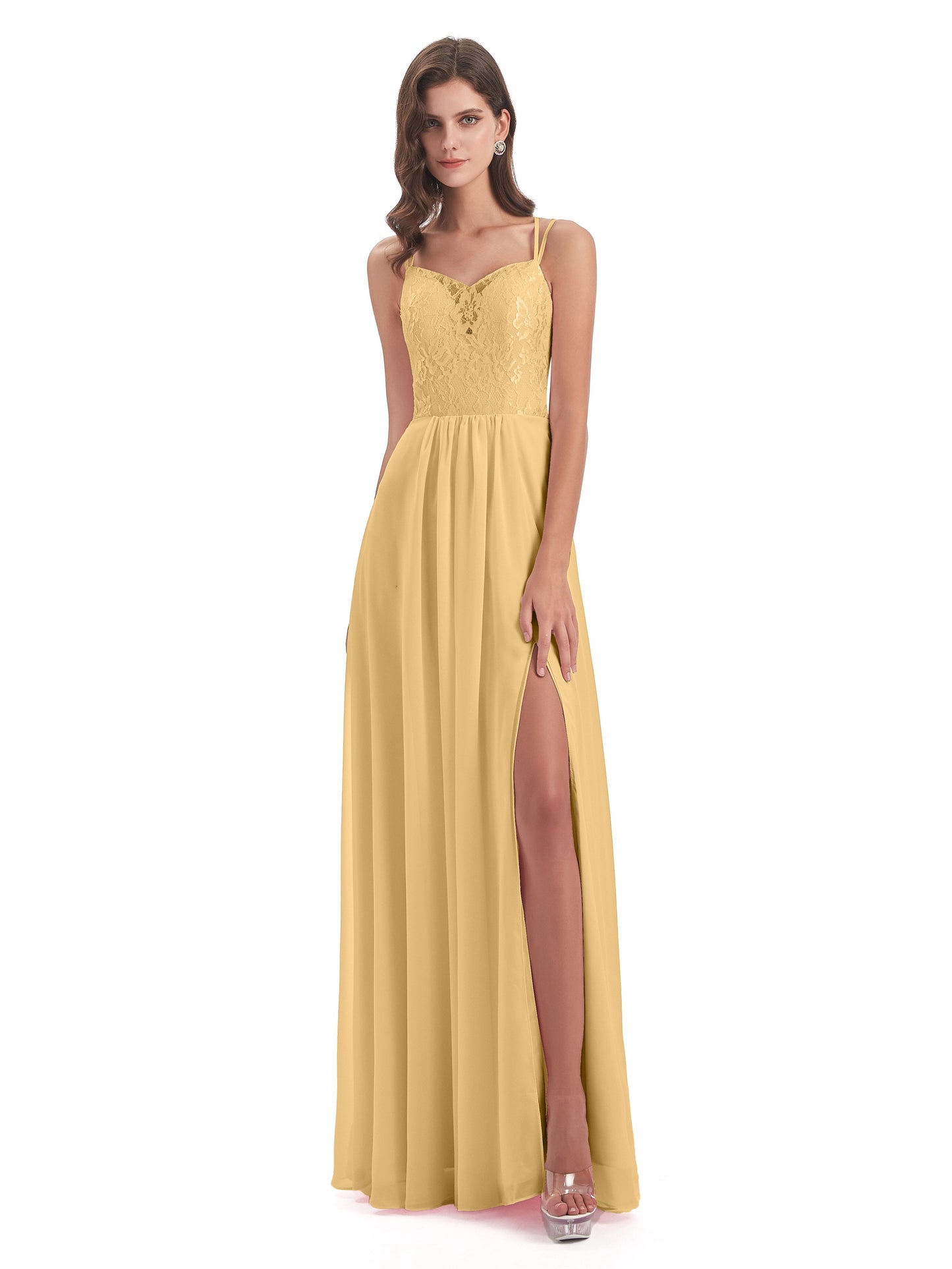 Saanvi Spaghetti Straps Open Back Lace Long Bridesmaid Dresses