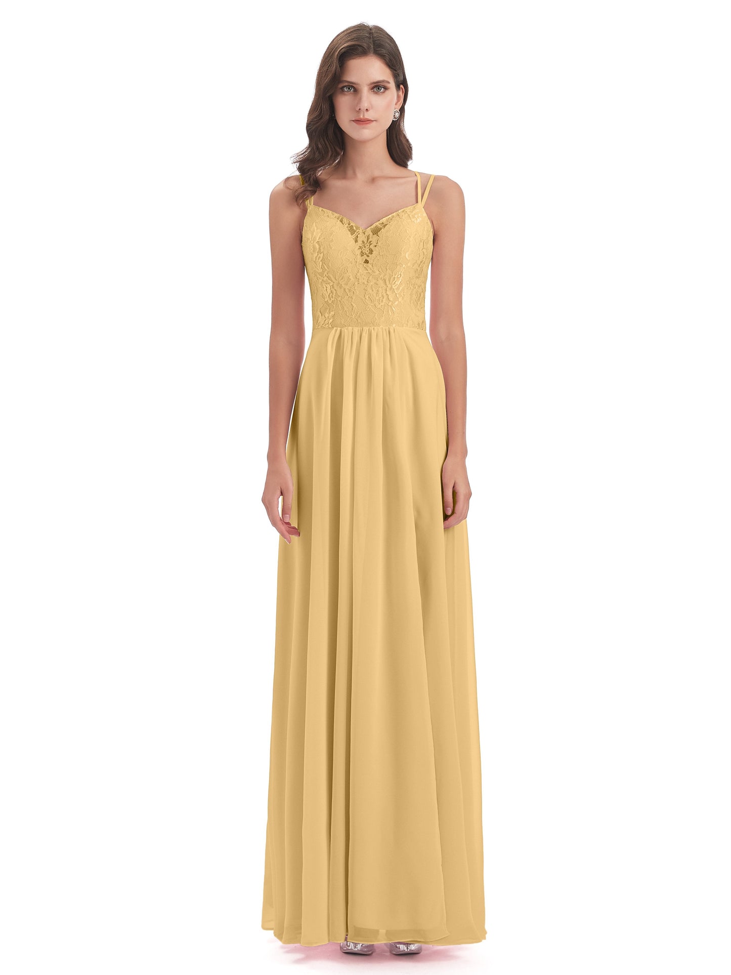 Saanvi Spaghetti Straps Open Back Lace Long Bridesmaid Dresses