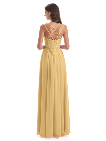 Saanvi Spaghetti Straps Open Back Lace Long Bridesmaid Dresses