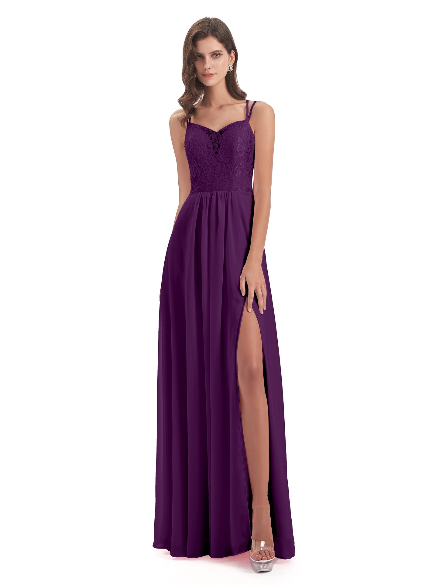 Saanvi Spaghetti Straps Open Back Lace Long Bridesmaid Dresses