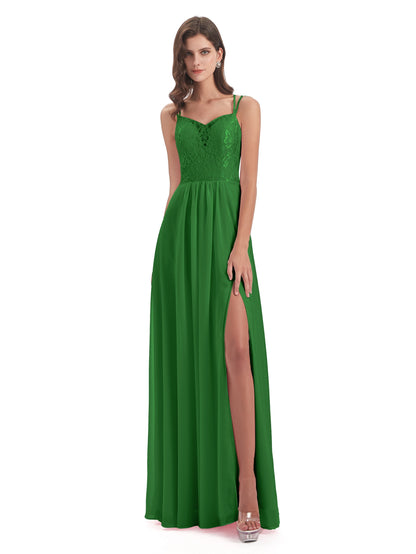 Saanvi Spaghetti Straps Open Back Lace Long Bridesmaid Dresses