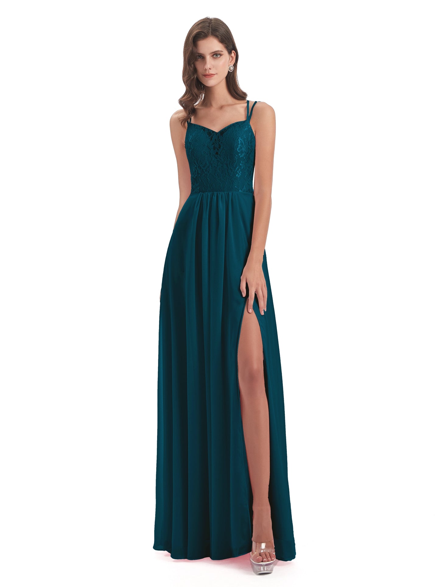 Saanvi Spaghetti Straps Open Back Lace Long Bridesmaid Dresses