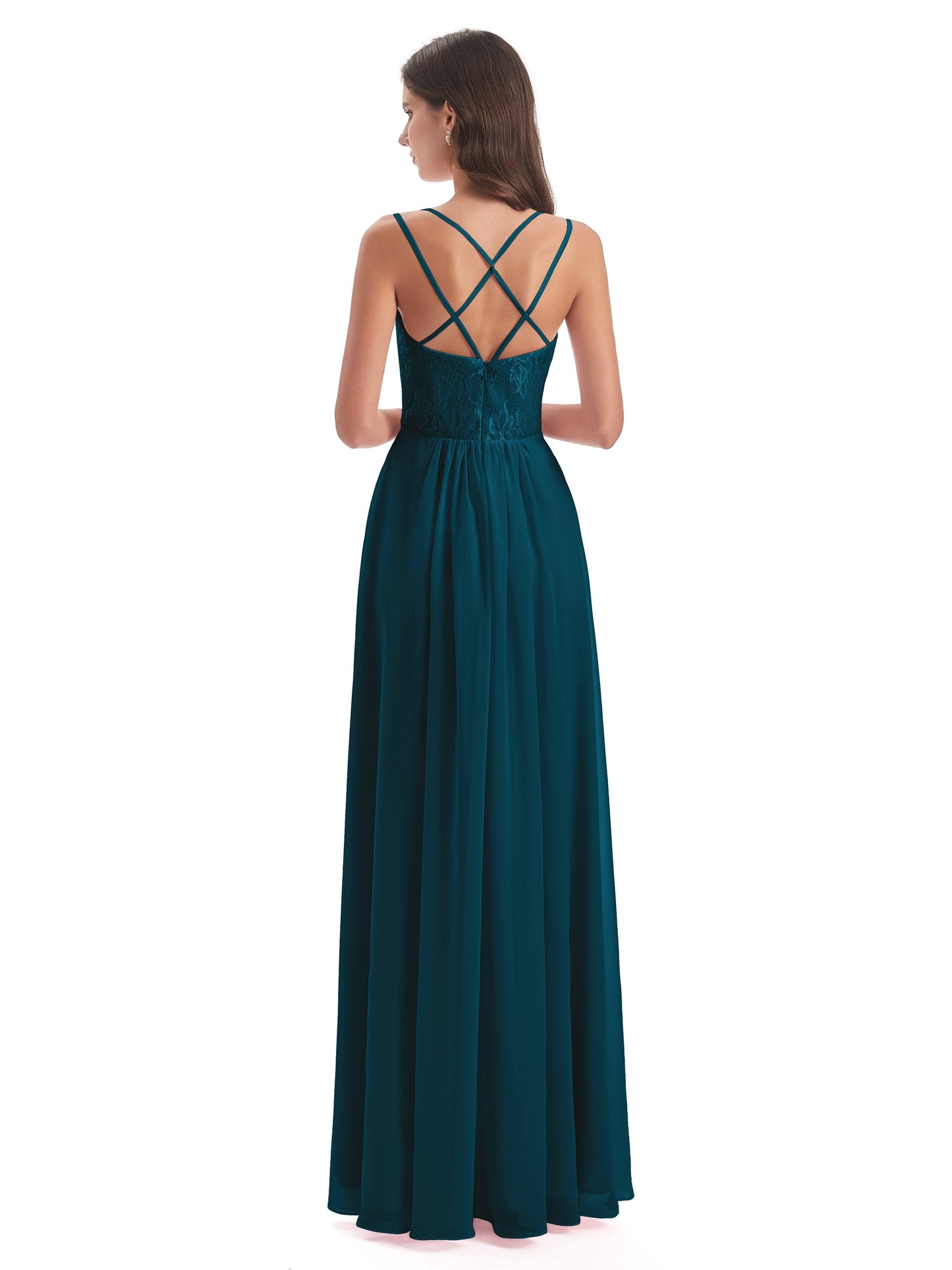 Saanvi Spaghetti Straps Open Back Lace Long Bridesmaid Dresses