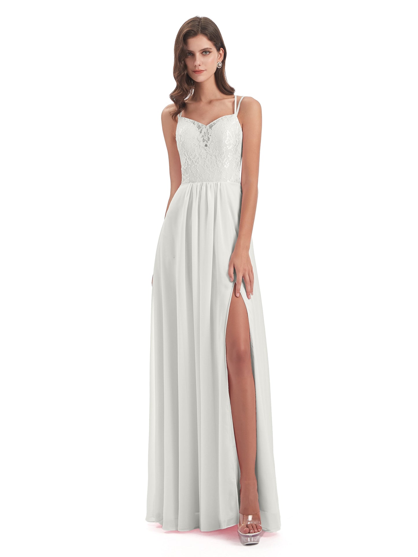 Saanvi Spaghetti Straps Open Back Lace Long Bridesmaid Dresses