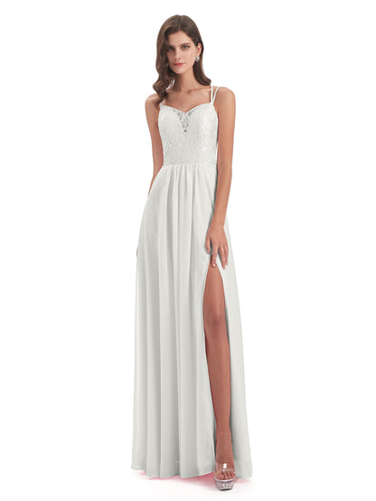 Saanvi Spaghetti Straps Open Back Lace Long Bridesmaid Dresses