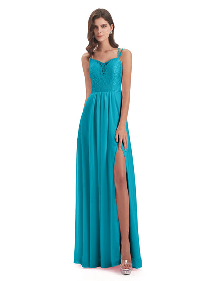 Saanvi Spaghetti Straps Open Back Lace Long Bridesmaid Dresses
