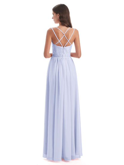Saanvi Spaghetti Straps Open Back Lace Long Bridesmaid Dresses