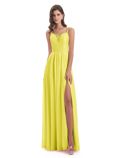 Saanvi Spaghetti Straps Open Back Lace Long Bridesmaid Dresses