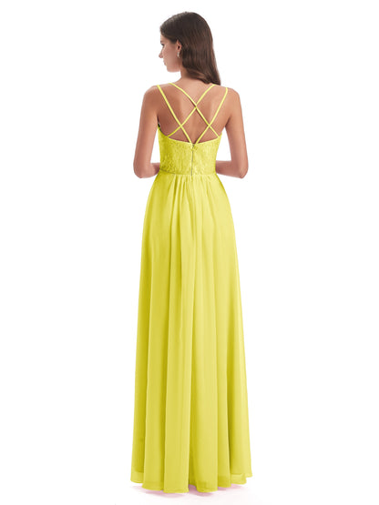 Saanvi Spaghetti Straps Open Back Lace Long Bridesmaid Dresses