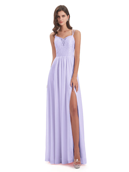 Saanvi Spaghetti Straps Open Back Lace Long Bridesmaid Dresses