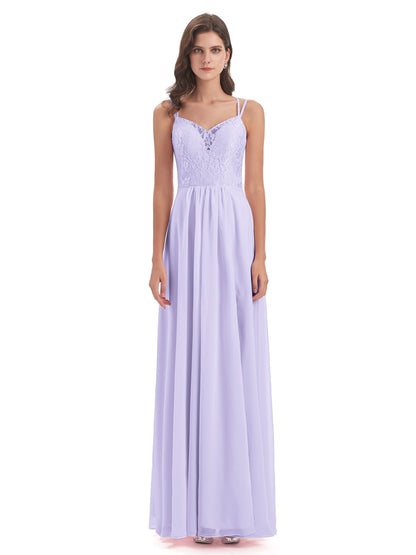 Saanvi Spaghetti Straps Open Back Lace Long Bridesmaid Dresses
