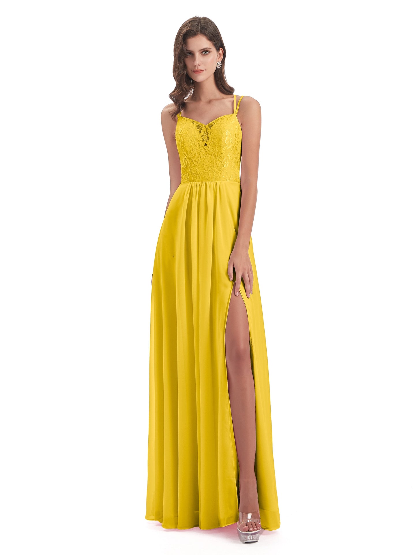 Saanvi Spaghetti Straps Open Back Lace Long Bridesmaid Dresses