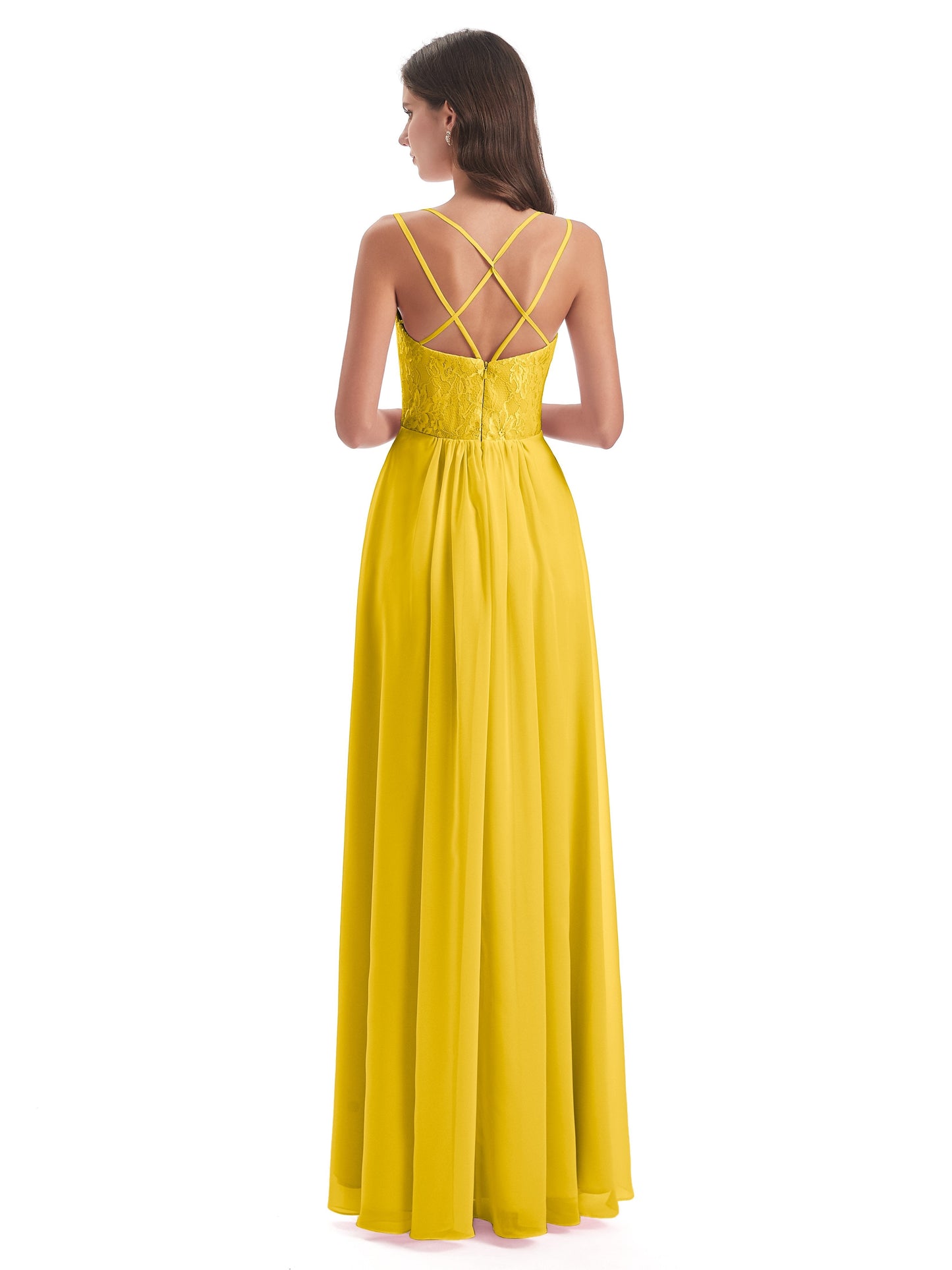 Saanvi Spaghetti Straps Open Back Lace Long Bridesmaid Dresses