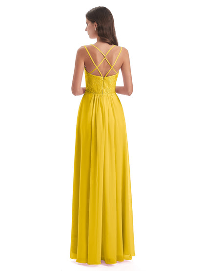 Saanvi Spaghetti Straps Open Back Lace Long Bridesmaid Dresses