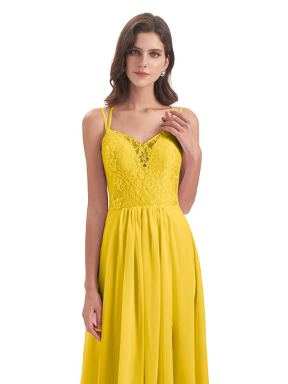 Saanvi Spaghetti Straps Open Back Lace Long Bridesmaid Dresses