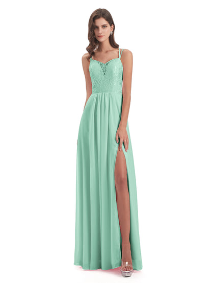 Saanvi Spaghetti Straps Open Back Lace Long Bridesmaid Dresses