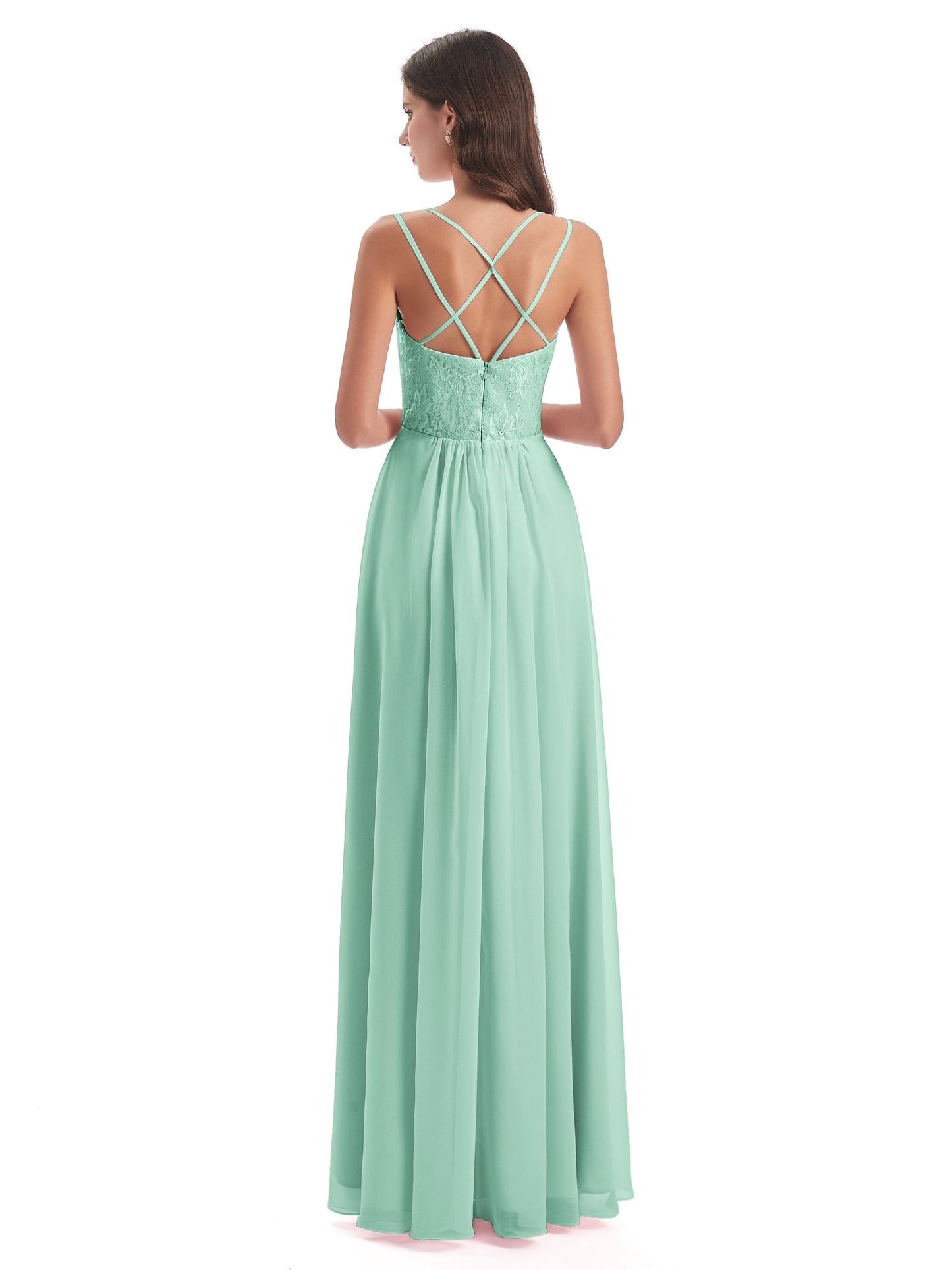 Saanvi Spaghetti Straps Open Back Lace Long Bridesmaid Dresses
