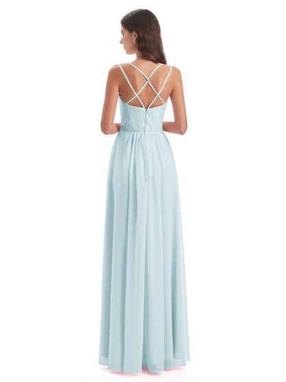 Saanvi Spaghetti Straps Open Back Lace Long Bridesmaid Dresses