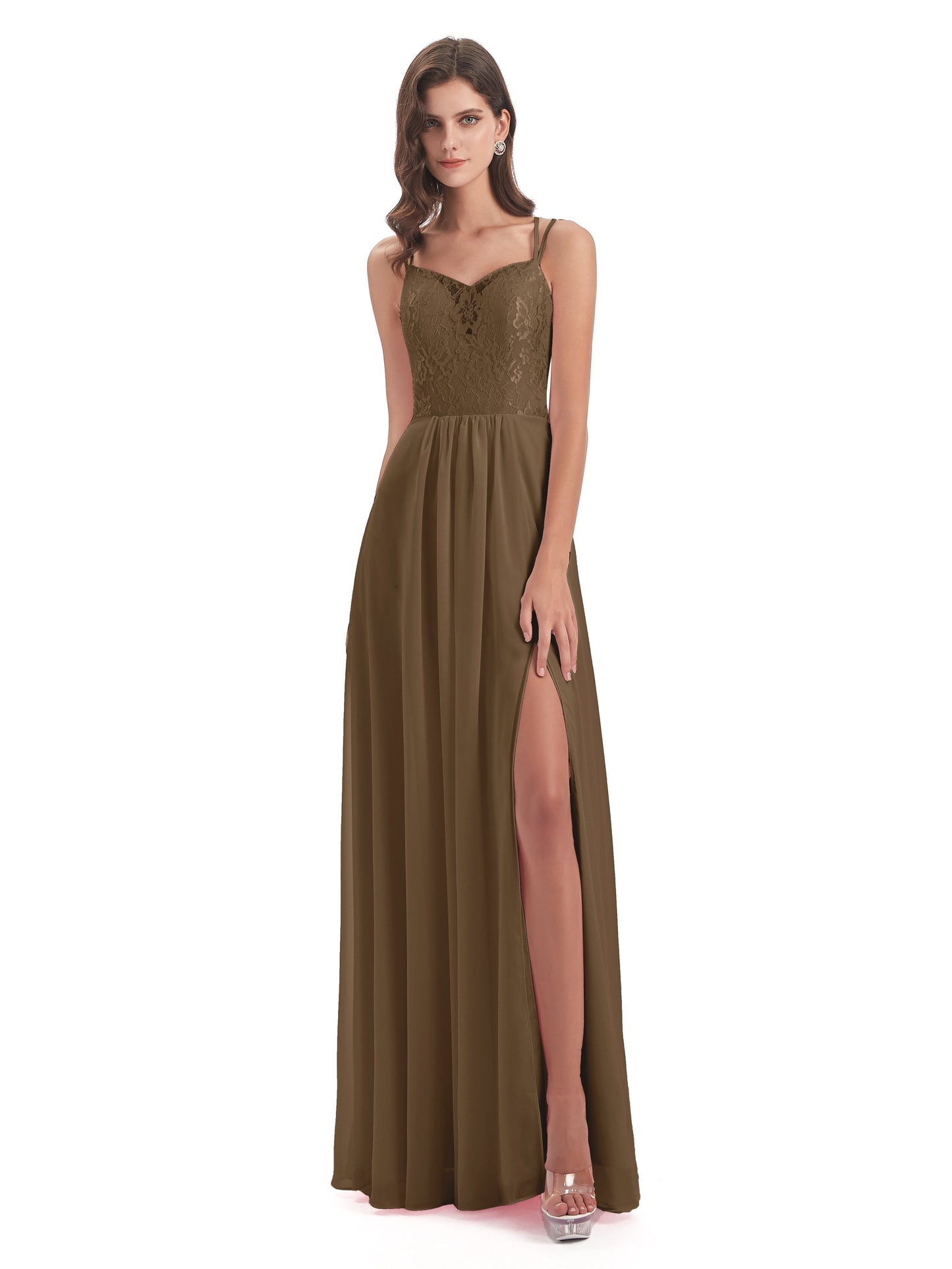 Saanvi Spaghetti Straps Open Back Lace Long Bridesmaid Dresses