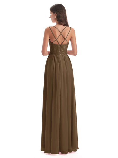Saanvi Spaghetti Straps Open Back Lace Long Bridesmaid Dresses