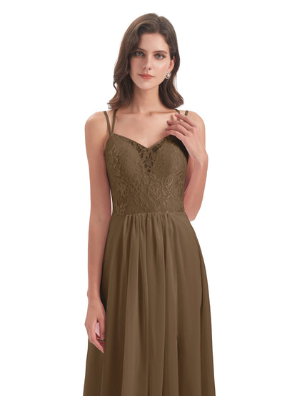 Saanvi Spaghetti Straps Open Back Lace Long Bridesmaid Dresses