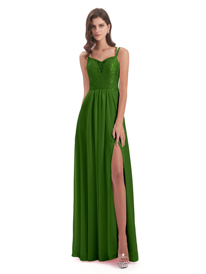Saanvi Spaghetti Straps Open Back Lace Long Bridesmaid Dresses