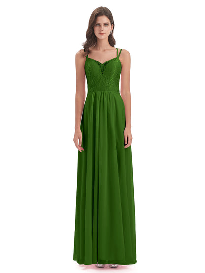 Saanvi Spaghetti Straps Open Back Lace Long Bridesmaid Dresses