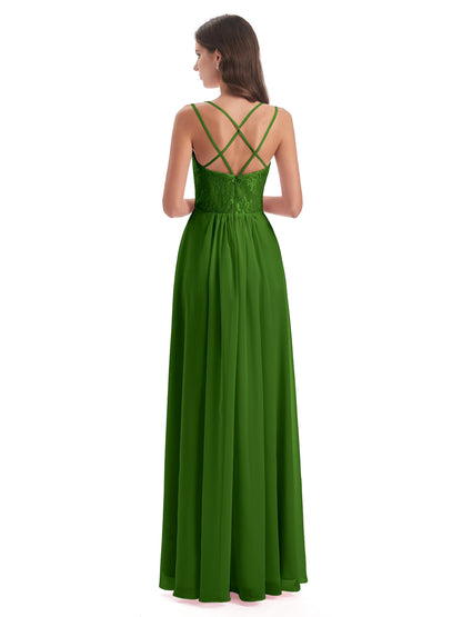 Saanvi Spaghetti Straps Open Back Lace Long Bridesmaid Dresses