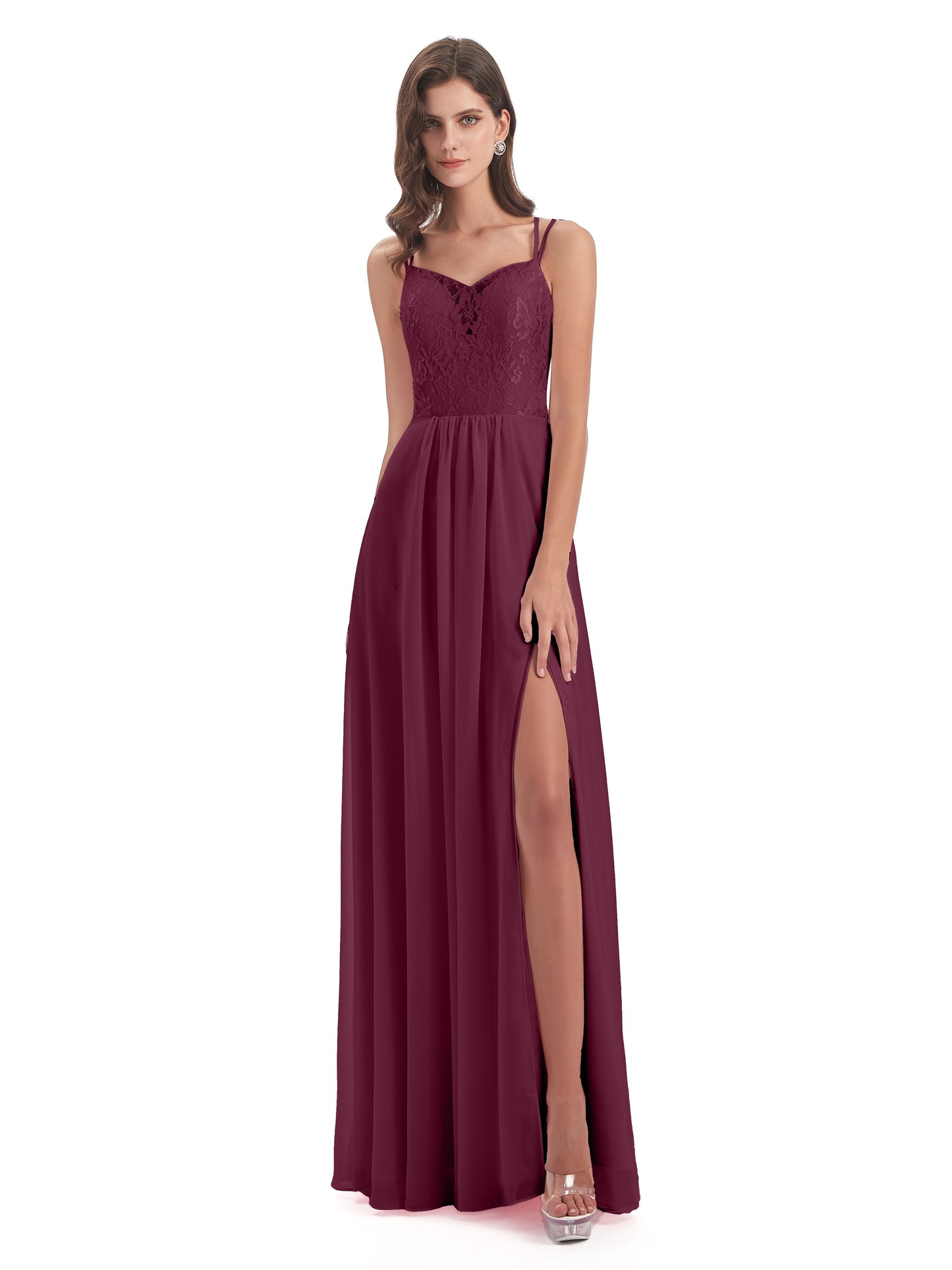 Saanvi Spaghetti Straps Open Back Lace Long Bridesmaid Dresses