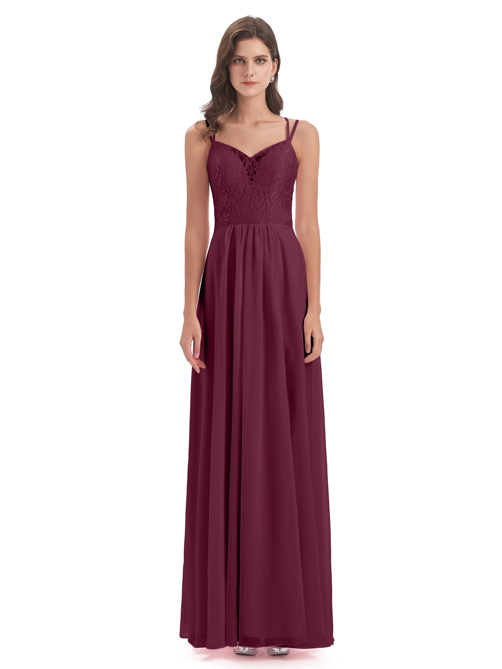 Saanvi Spaghetti Straps Open Back Lace Long Bridesmaid Dresses