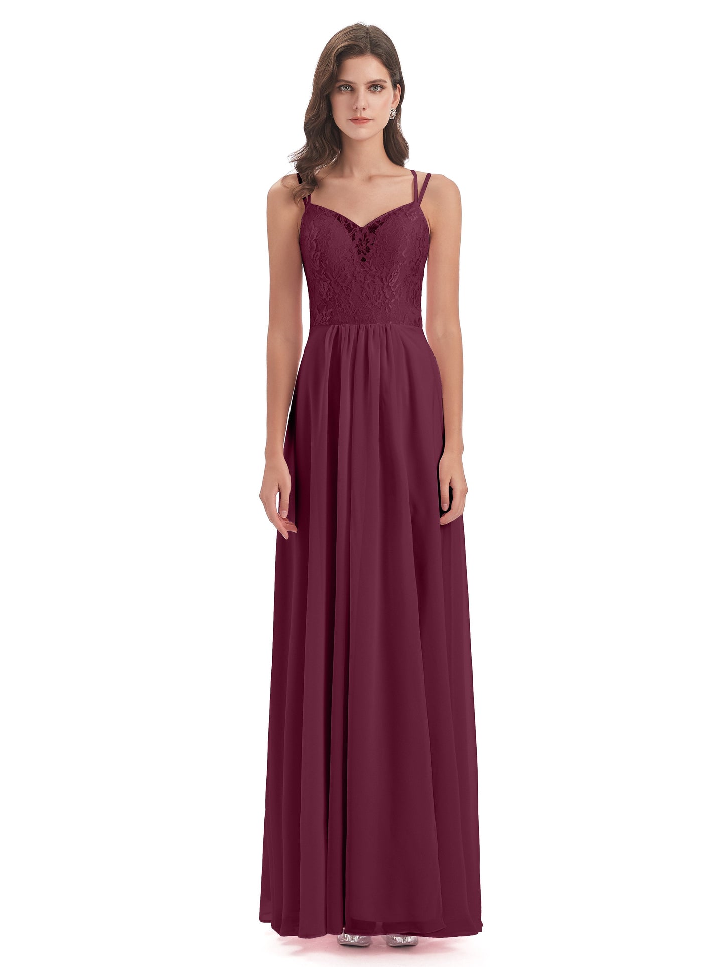 Saanvi Spaghetti Straps Open Back Lace Long Bridesmaid Dresses