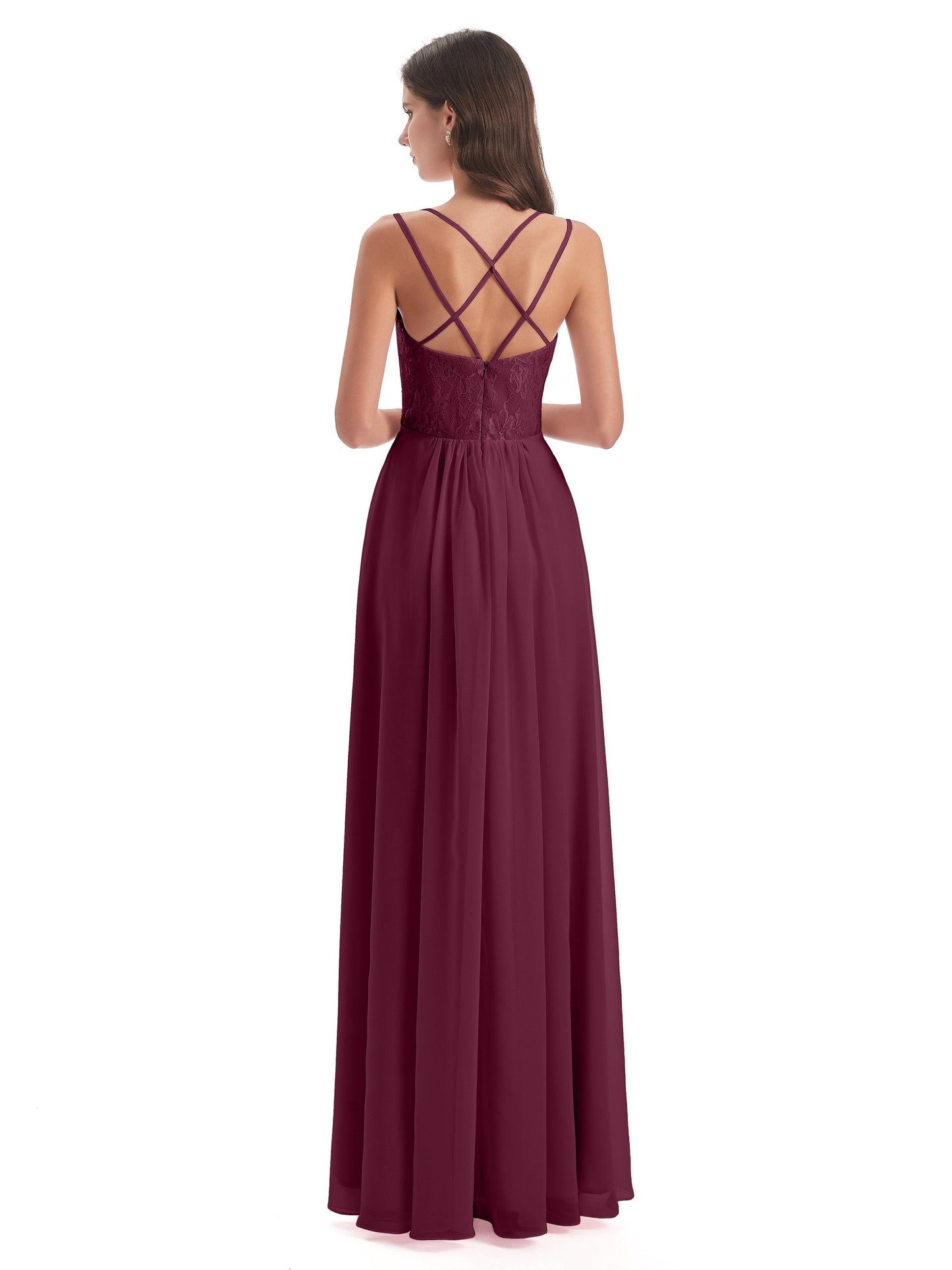 Saanvi Spaghetti Straps Open Back Lace Long Bridesmaid Dresses