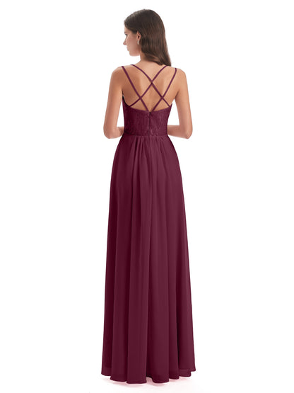 Saanvi Spaghetti Straps Open Back Lace Long Bridesmaid Dresses