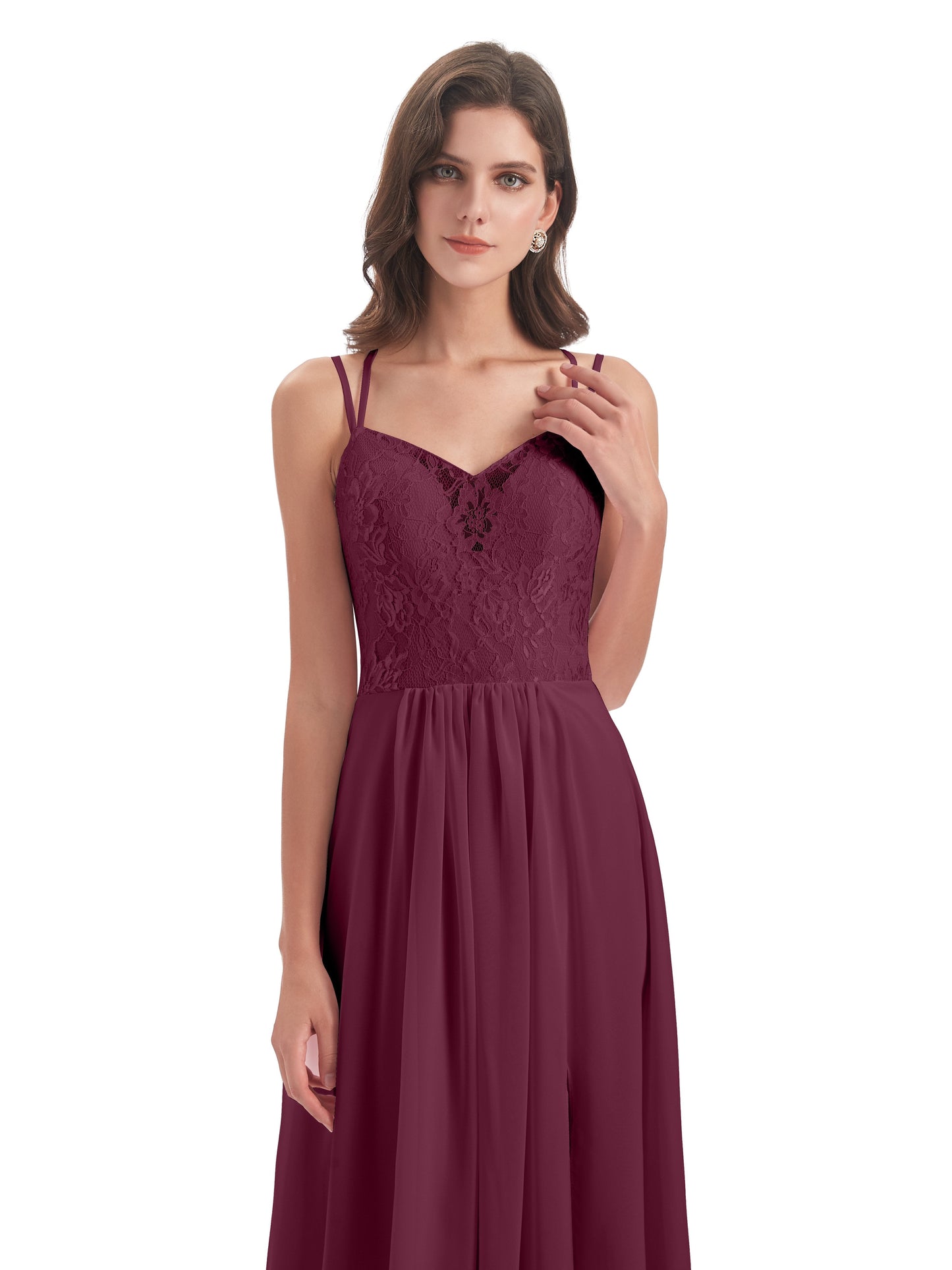 Saanvi Spaghetti Straps Open Back Lace Long Bridesmaid Dresses