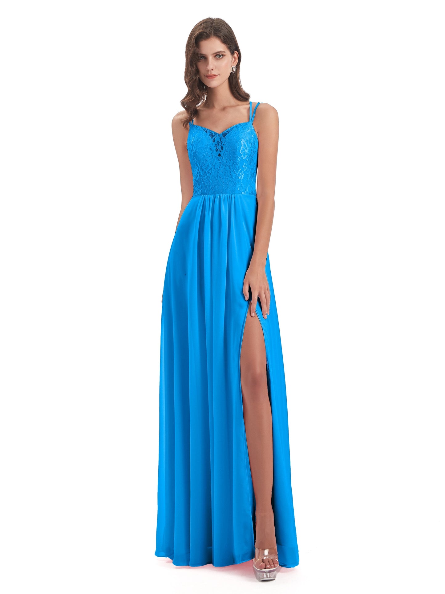 Saanvi Spaghetti Straps Open Back Lace Long Bridesmaid Dresses