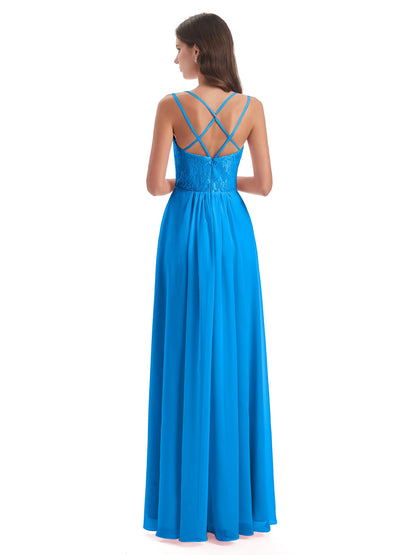 Saanvi Spaghetti Straps Open Back Lace Long Bridesmaid Dresses