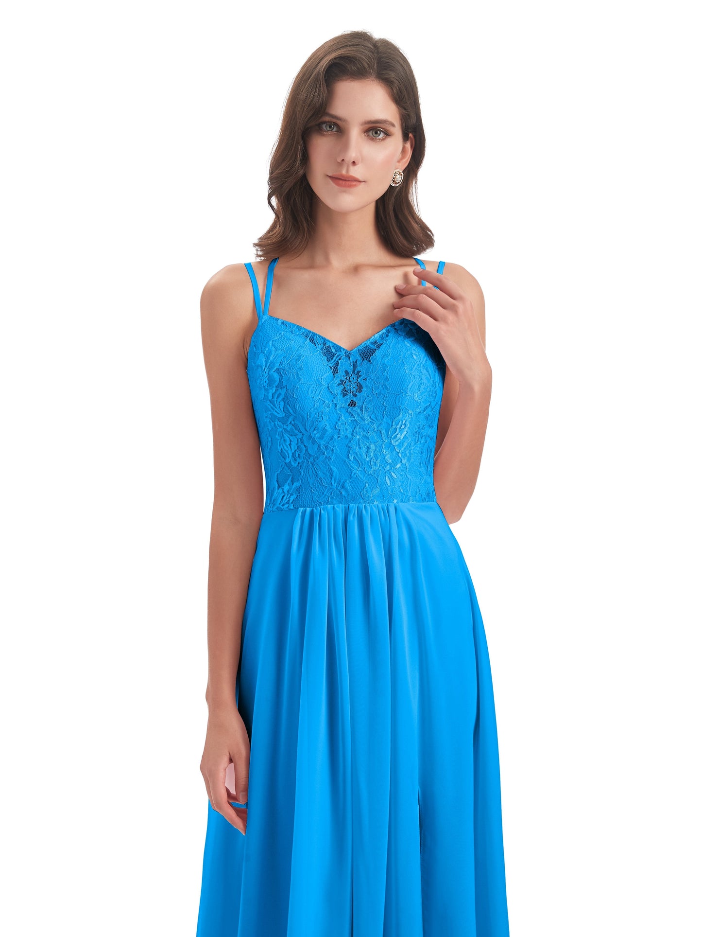 Saanvi Spaghetti Straps Open Back Lace Long Bridesmaid Dresses