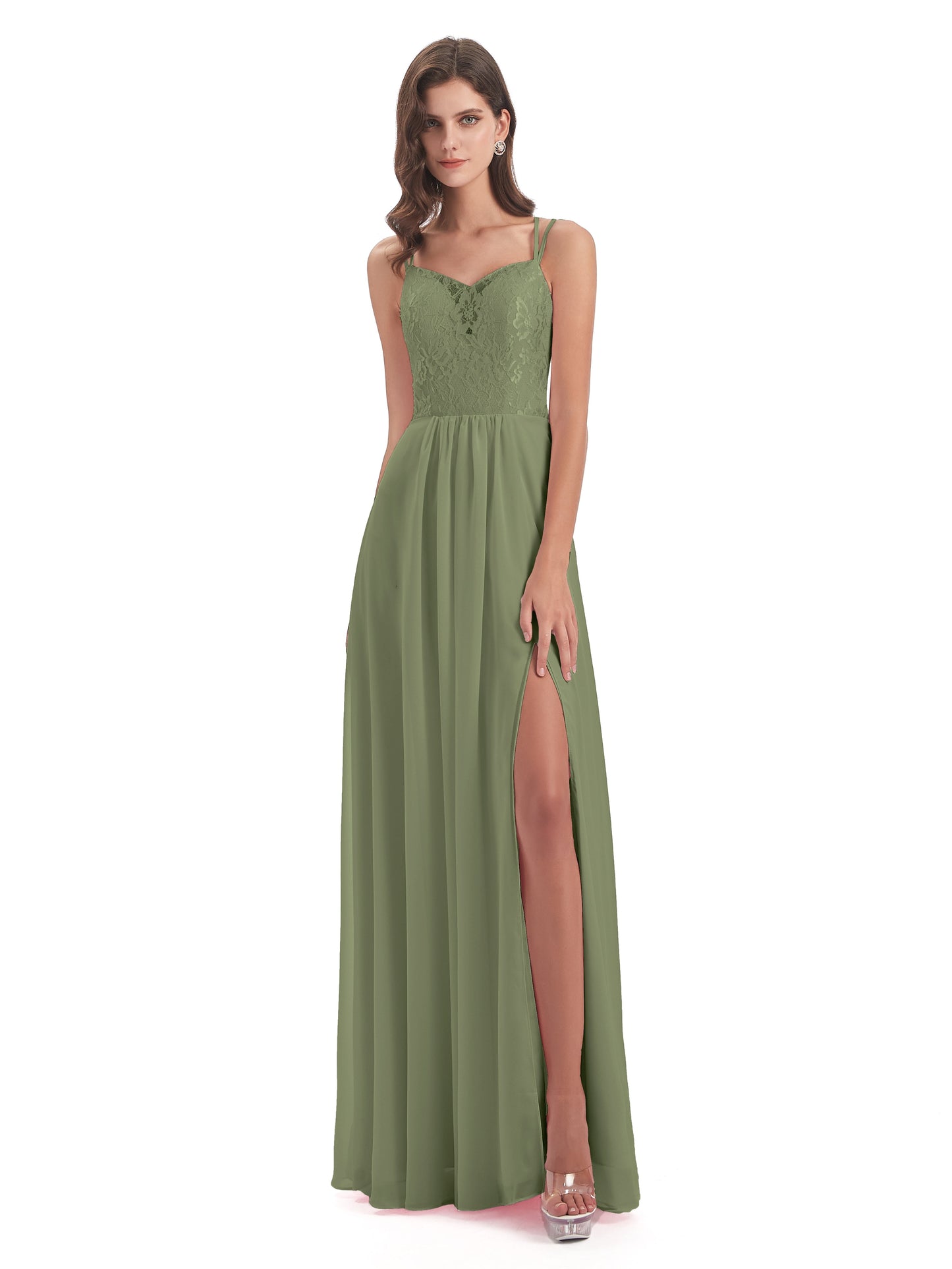 Saanvi Spaghetti Straps Open Back Lace Long Bridesmaid Dresses