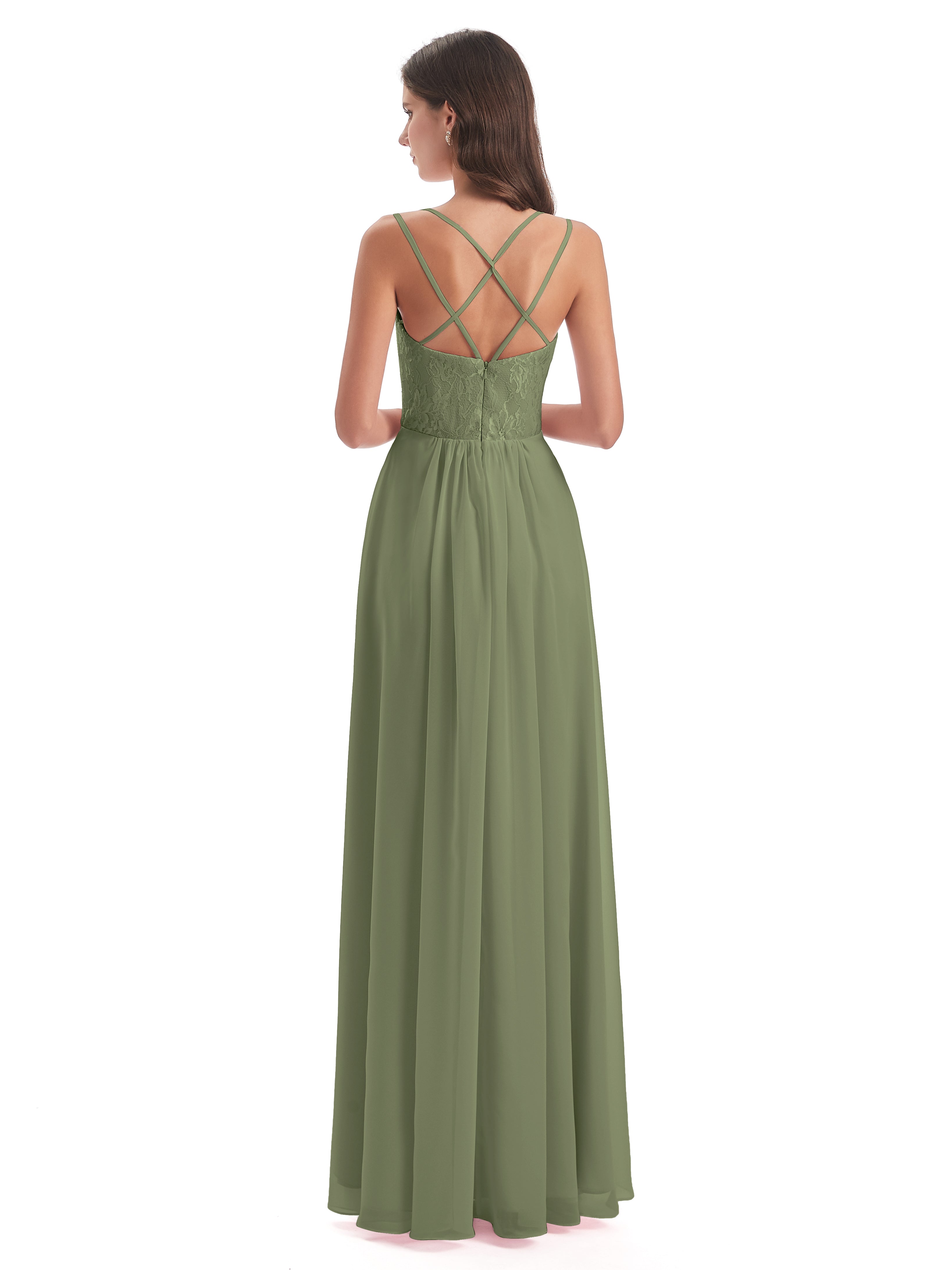 Saanvi Spaghetti Straps Open Back Lace Long Bridesmaid Dresses