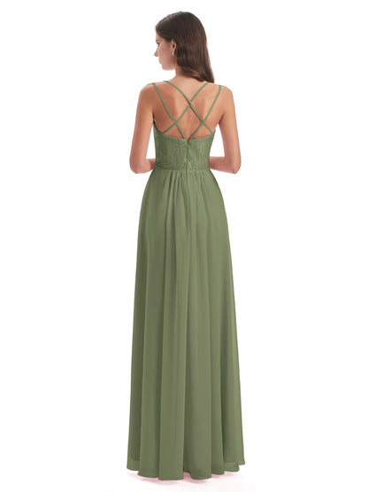 Saanvi Spaghetti Straps Open Back Lace Long Bridesmaid Dresses