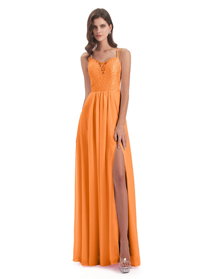 Saanvi Spaghetti Straps Open Back Lace Long Bridesmaid Dresses